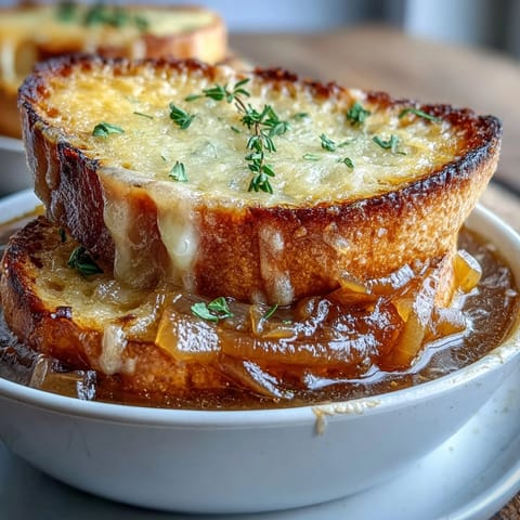 A steaming bowl of Dutch Oven French Onion Soup served with thyme and a crisp salad.