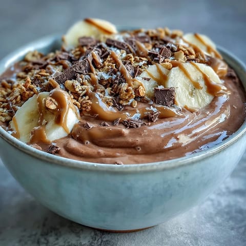 A thick Chocolate Peanut Butter Smoothie Bowl in a white bowl with peanut butter drizzle and granola.