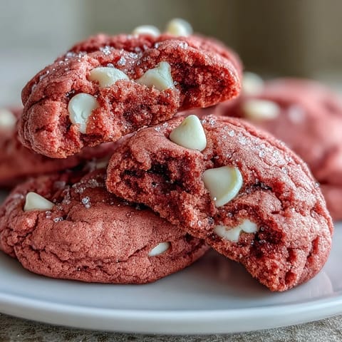 Köstliche Pink Velvet Cookies mit cremigen weißen Schokoladenstücken vom Backblech.