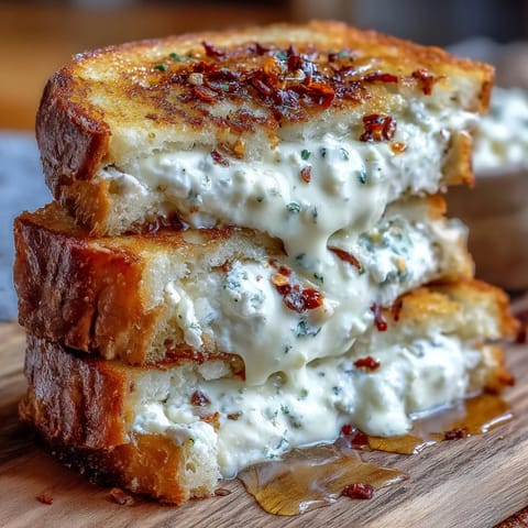 Cremige Ziegenkäse-Füllung mit Honig und Chiliflocken zwischen knusprigem Sauerteigbrot.