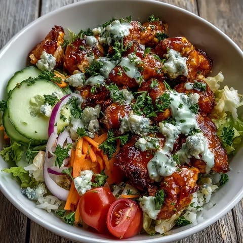 Buffalo Chicken Bowl mit saftigem Hähnchen, knackigem Gemüse und cremiger Ranch-Sauce über Reis.  