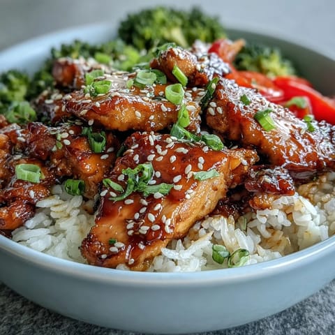 A steaming bowl of Honey Garlic Chicken over fluffy rice with bright vegetables, garnished with sesame seeds.  