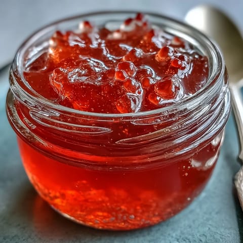 Klare, rubinrote Gujavagelee mit Löffelspuren, auf frischem Toast serviert, für ein süßes, fruchtiges Frühstück.