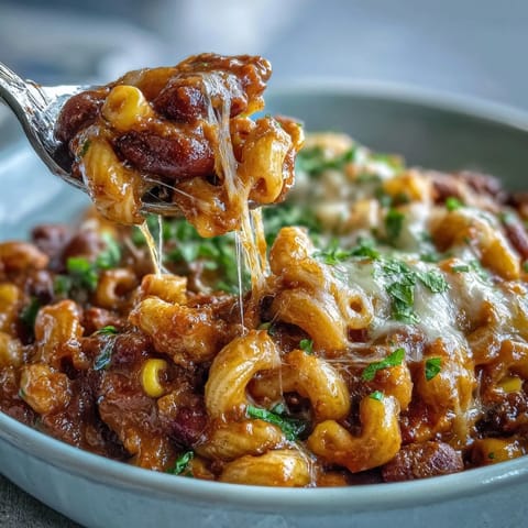 One-Pot Tex-Mex Chili Mac mit Mais, Schwarzbohnen und geschmolzenem Cheddar im Topf