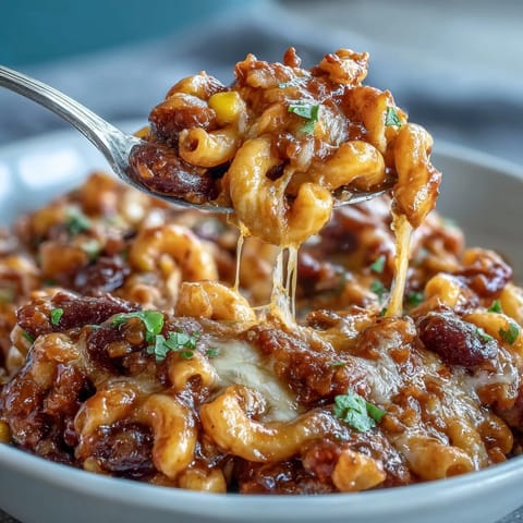 One-Pot Tex-Mex Chili Mac mit Mais, cremiger Käsekruste und frischem Koriander in einer Schüssel