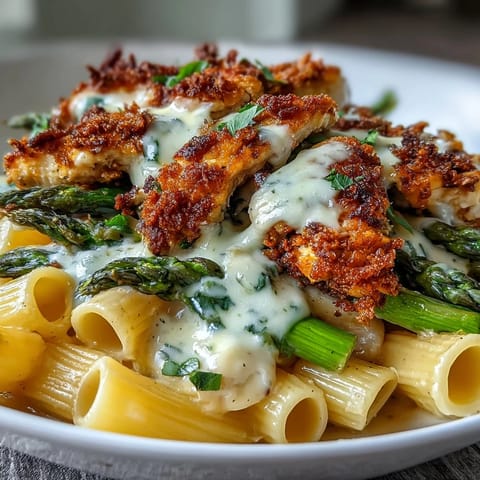 Genieße Crispy Parmesan Asparagus Chicken Pasta, cremig mit Zitronensauce und frischer Petersilie serviert auf Holzplatte.