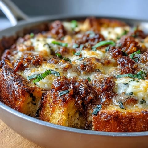 Cheesy Garlic Bread Lasagna Skillet mit goldbrauner Käsekruste, aus dem heißen Herd gehoben und mit frischem Basilikum bestreut.