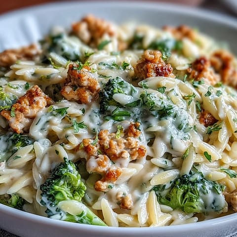 Cremige Knoblauch-Gobbelt & Brokkoli Orzo Pasta mit saftigem Putenfleisch in seidiger Sauce auf einem Teller.
