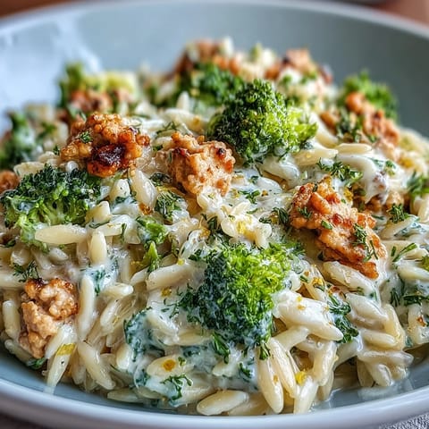 Frisch gekochtes Cremige Knoblauch-Gobbelt & Brokkoli Orzo mit Brokkoliröschen und geriebenem Parmesan garniert.