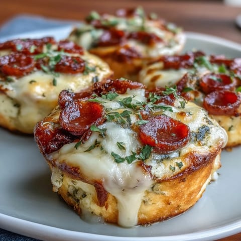 Goldbraun gebackene High-Protein Pepperoni Breakfast Cups werden warm mit Pizza-Sauce und frischem Basilikum serviert.