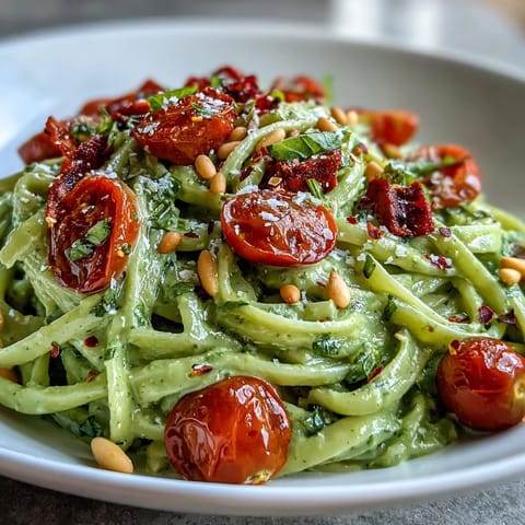 Silky green avocado lime sauce coating spaghetti, with halved cherry tomatoes on a rustic wooden table. 