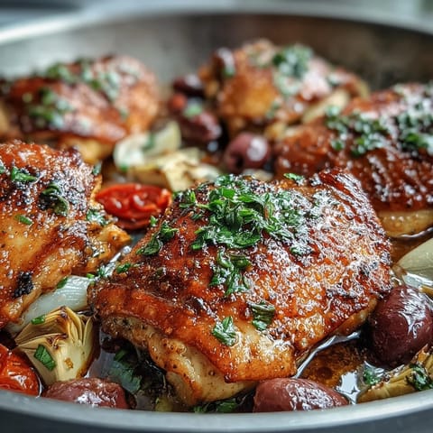 Tender One-Pan Mediterranean Chicken with Olives and Artichokes plated with fluffy couscous, olives, and tomatoes in a cozy kitchen setting.