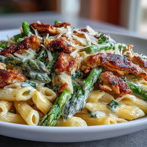 Crispy Parmesan Asparagus Chicken Pasta mit goldbrauner Hähnchenbrust und knusprigem Käse auf cremiger Nudelsauce.