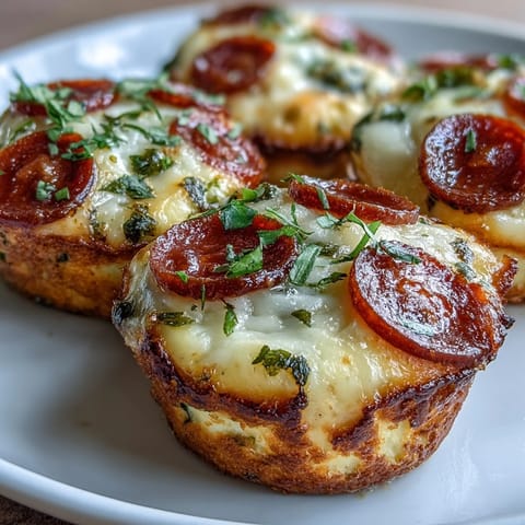 Rundliche High-Protein Pepperoni Breakfast Cups mit teigigem Rand und geschmolzenem Mozzarella auf dem Muffinblech.