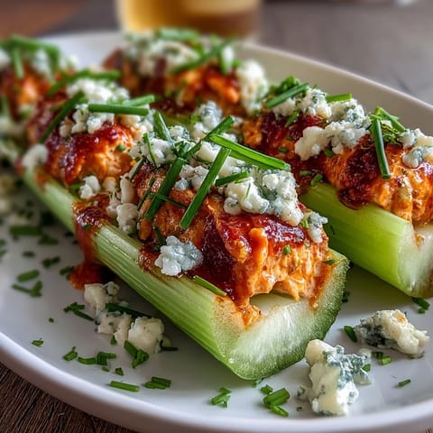 Knusprige Selleriestangen gefüllt mit scharfem Buffalo-Hühnchen und mit kräftigem Blauschimmelkäse belegt.