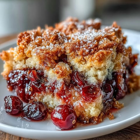 1. Golden, crispy cranberry cobbler with bubbling tart-sweet filling and buttery topping, perfect for holiday dessert spreads.