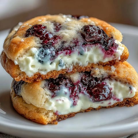2. Weiche, marbelierte Kekse, gefüllt mit sahniger Cheesecake-Masse und frischen Blaubeeren, perfekt für süße Genussmomente.  