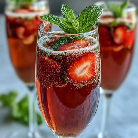 Festlicher DIY-Getränke-Station mit Erdbeer-Bellini und Minze für einen eleganten Brunch.  