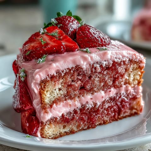 Ein leuchtend rosa Erdbeer-Limonaden-Kuchen mit saftigen Schichten und cremiger Erdbeer-Frosting, perfekt für Galentine's Day.