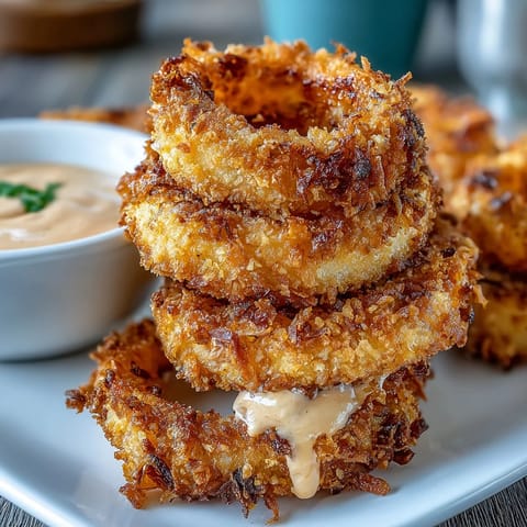 Knusprige goldene Zwiebelringe mit rauchiger Paprikadipsauce, gebacken für eine leichtere, knusprige Textur.