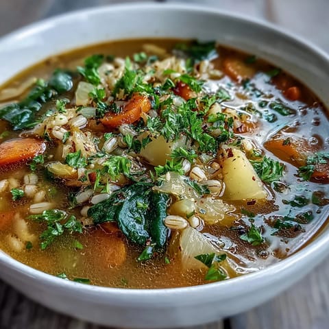 Warm Winter-to-Spring Vegetable Soup with Barley in einer dampfenden Schüssel, mit bunten Gemüsesorten und zarten Gerstenkörnern.