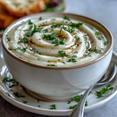Dampfende Schüssel mit cremiger Zwiebel- und Blumenkohlsuppe, serviert mit knusprigem Brot auf der Seite.  