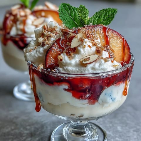 Fluffy Yogurt Peach Melba Cups with Toasted Almonds: creamy yogurt layers with juicy peaches, tangy raspberry sauce, and crunchy toasted almonds in elegant glasses.