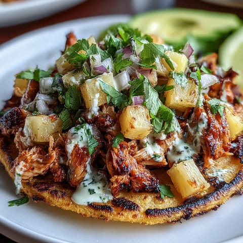 Knusprige Tostadas mit gewürztem Hühnchen, fruchtiger Ananas-Salsa und cremiger Limetten-Sauce.  