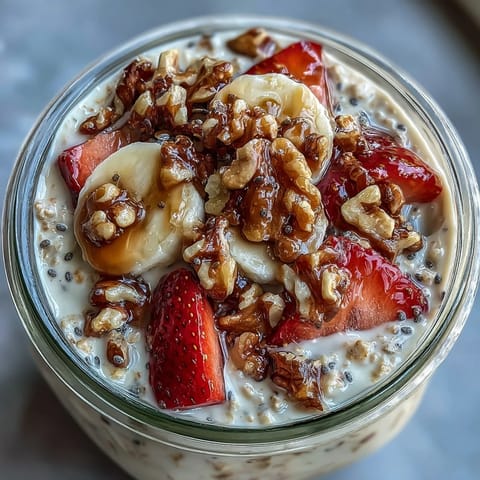 2. Cremige Overnight Oats mit Erdbeeren, Banane und knackigen Walnüssen, perfekt für ein gesundes Frühstück.