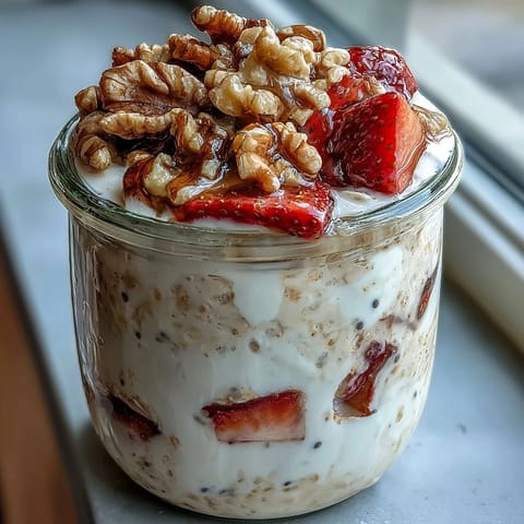 1. Strawberry Banana Bread Overnight Oats with Walnuts in einem Glas mit frischen Beeren und Bananenscheiben.