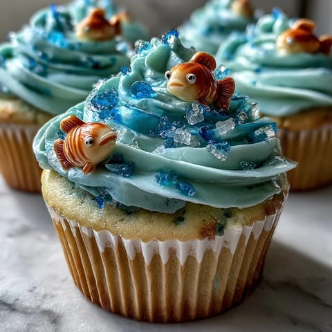Zarte Vanille-Cupcakes mit blauer Buttercreme, verziert mit bunten Fondant-Fischen für eine zauberhafte Tierkreis-Party.