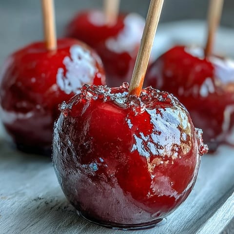 Kleine, glänzende Kandierte Äpfel auf Stäbchen, perfekt für Kinderpartys und süße Snacks.