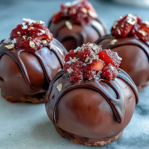 2. Dekadente Schokoladentrüffel mit fruchtiger Erdbeer-Note, überzogen mit knackiger Schokolade und feinen Goldakzenten.  