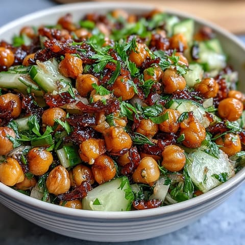 Knackiger Sellerie-Kichererbsensalat mit Dijon-Vinaigrette: Bunter Salat mit knackigem Sellerie, cremigen Kichererbsen und pikantem Senfdressing.