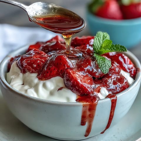 Erdbeer-Kompott über griechischem Joghurt mit Honig beträufelt und frischen Minzblättern garniert.