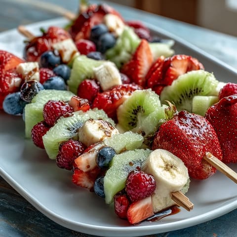 Frische rote Erdbeeren, weiße Bananen und blaue Heidelbeeren auf Stäbchen für ein festliches Dessert.