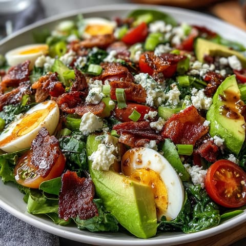 Frischer Spring Cobb Salat mit Erdbeeren und Avocado, bunt und cremig mit knackigem Gemüse und Feta.