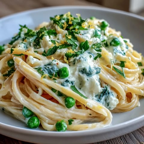 Linguine mit Ricotta und Zitrone, garniert mit frischen Erbsen und Parmesan.  