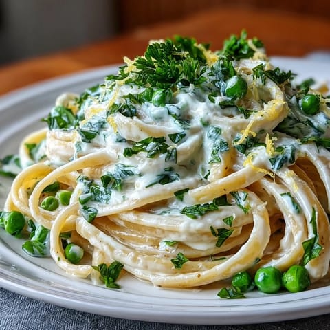 Helle, cremige Pasta mit Zitronenabrieb und süßen Erbsen, serviert mit Ricotta.  