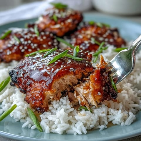 Zarte Honig-Knoblauch-Hähnchenkeulen über fluffigem Reis, perfekt als Hauptgericht.