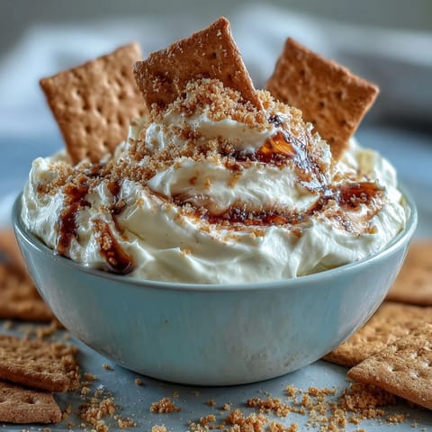 Cremige Cheesecake-Dip mit Graham Crackern, perfekt für Partys oder als süßer Snack.  