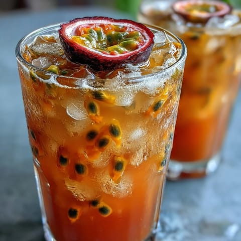 1. Ein farbenfroher tropischer Sonnenaufgang-Mocktail mit Passionsfrucht und Orange, serviert in hohen Gläsern mit Eis und Orangenscheiben.