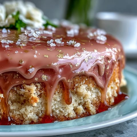 2. Rosé-Velvet-Torte mit Goldglanz: Drei zarte Lagen mit Rosé-Wein und rosa Farbe, umhüllt von samtiger Creme und einem funkelnden Gold-Drip.  