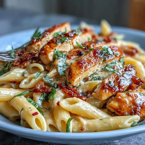 Cremiges Marry Me Chicken Pasta Gericht mit sonnengetrockneten Tomaten und Parmesan.