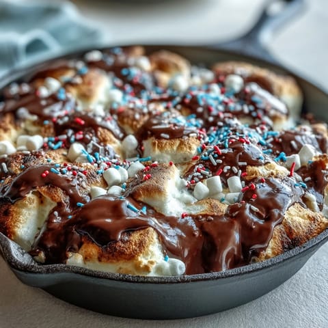 Festlicher 4. Juli S'mores Dip, geschmolzen und klebrig in Gusseisen serviert.