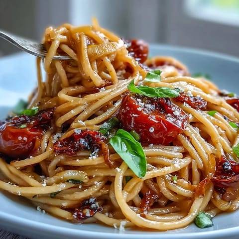 Saftige Cherry-Tomaten-Confit-Pasta mit aromatischem Knoblauchöl serviert.