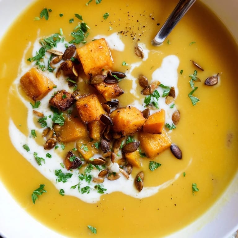 Herzhafte, vegetarische Kürbissuppe, serviert mit gerösteten Kürbiskernen und frischen Kräutern.