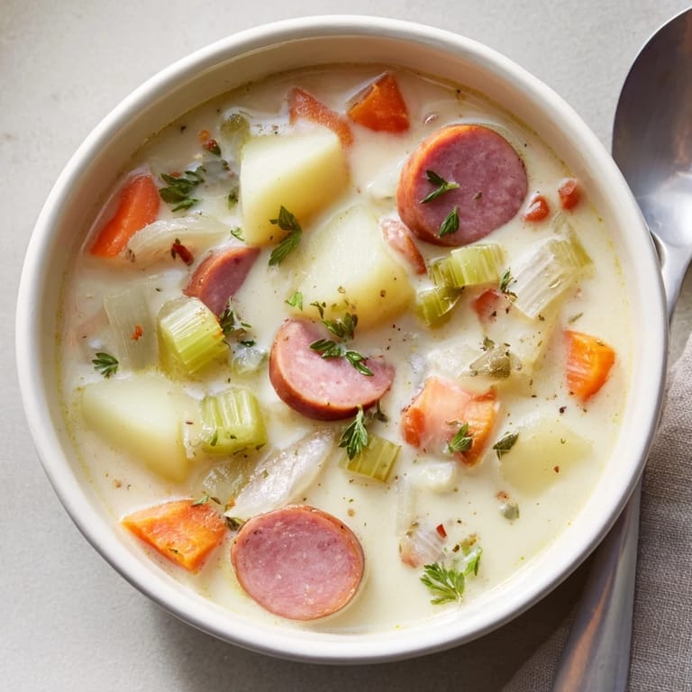 Köstliche Kartoffelsuppe mit würziger Wurst und frischem Gemüse in einer Sahnebrühe.  