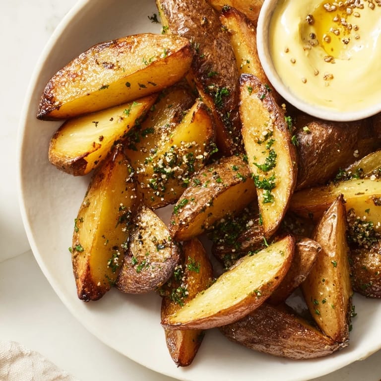 A close-up of crispy, herb-roasted Vegetarian Potato Wedges paired with creamy mustard dip.