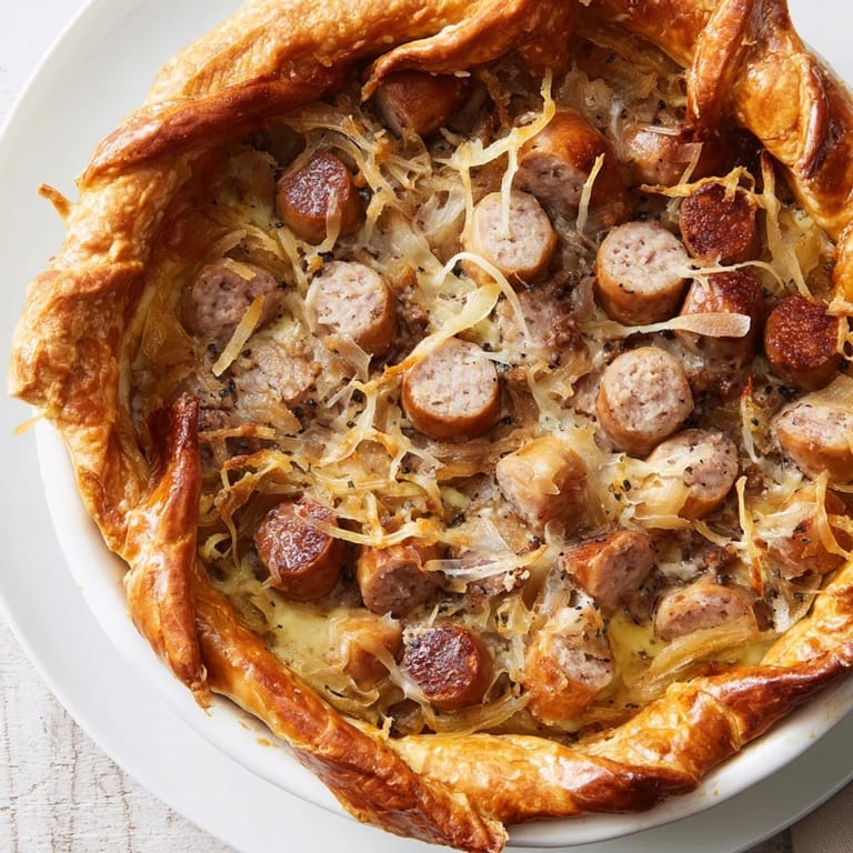 Savory Bratwurst & Sauerkraut Pie with a buttery pretzel crust, perfect for a cozy dinner.